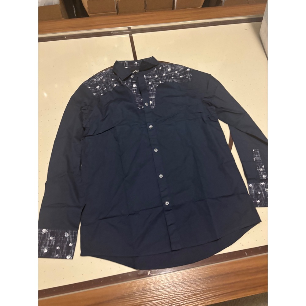 1160 Rock Roll-n-Soul Mens Navy Blue Skull Guitar Print Western Button Down  M
